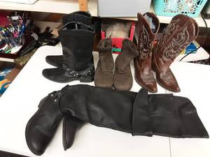 4-Pair Ladies Boots Size 7-12 - 8, Black Leather Studded, Black Knee Boots, Brown Cowgirl, Brown Bare Traps
