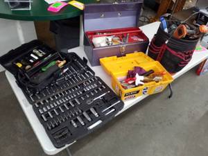 lot 5 image: Socket Tool Kits, Tool Bag with Wrenches, Tool Caddy with Hand Tools, Tool Boxes with Hand Tools, Ridgid X4 Cordless Drill with Battery, Tool Bucket with Hand Tools