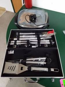 lot 7 image: Electric Skillet, Stainless Steel Cooking Utensils in Stainless Steel Carry Case