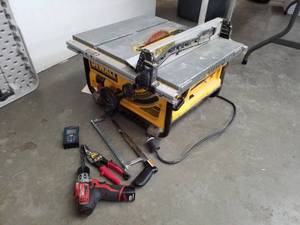 lot 12 image: DeWalt 10in. Table Saw DWE7480, Milwaukee Tools Cordless Drill, Fatmax Snips, Hacksaw, Bosch Meter