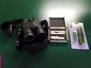 lot 15 image: Alpen Waterproof Bak4 10x42 Binoculars with Case, UtilityMini Utility Knife Set, Multi-ToolPocket Knife Set with Metal Road Case