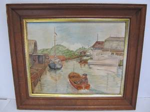 lot 10 image: Vintage 1950s Framed Folk Art Dock Scene Painting
