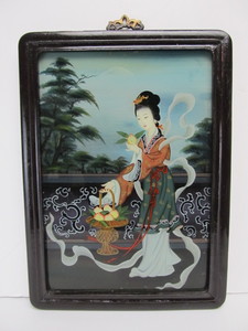 lot 35 image: Lovely Vintage Signed Japanese Reverse on Glass Hand Painted Geisha Girl wFruit Basket