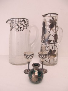 lot 43 image: Group of Antique Silver Overlay Pitchers etc