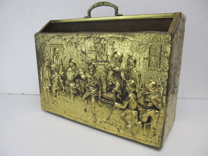 lot 49 image: Vintage Mid Century Embossed English Brass Tavern Scene Frieze Magazine Rack