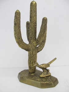 lot 205 image: Large Vintage Solid Brass Cactus wRoadrunner Statue