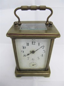 lot 3 image: Antique French Miniature Brass & Beveled Glass Carriage Clock