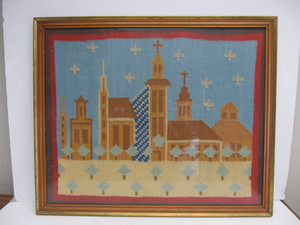 lot 6 image: Nice Old Framed Vintage Pictorial Wool Rug wChurches