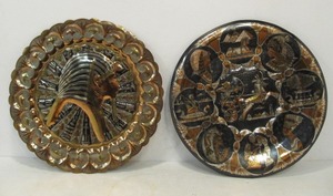 lot 164 image: Pair of Large Embossed Brass & Mixed Metal Egyptian Motif Wall Plates