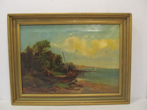 lot 176 image: Framed Antique 19th Century Oil on Canvas Lakeshore Scene Painting