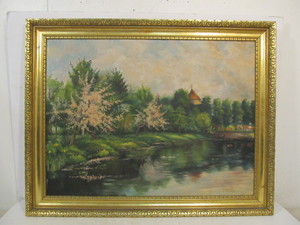 lot 184 image: Framed Signed Vintage 1940s Oil on Canvas Riverbank Scene Painting
