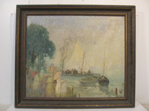 lot 185 image: Framed Signed Antique Monet Style Impressionist Lakeshore Painting wFigures