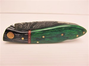 lot 149 image: Nice Custom Made Inlaid Folding Knife wDamascus Steel Blade