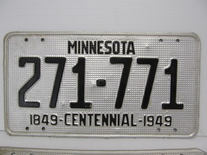 lot 148 image: Matching Set of Vintage 1949 Minnesota Centennial License Plates