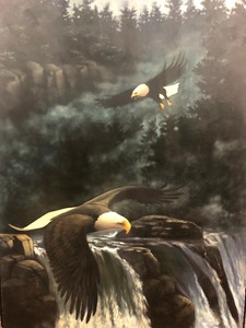 lot 4 image: HUGE Original Oil on Canvas Soaring Eagle Painting by Rick River-Man Brown