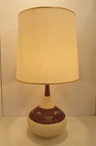 lot 221 image: Mid Century Danish Style Lamp Teak & Ceramic Table Lamp