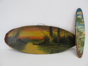 lot 225 image: Pair of Old 1930s Original Landscape Paintings on Log slabs - Including Al Mohler