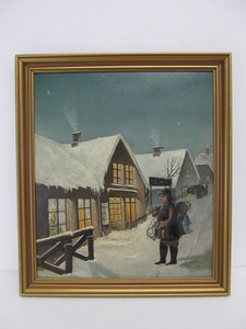lot 231 image: Very Nice Antique Scandinavian Folk Art Oil on Board Painting