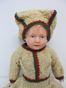 lot 232 image: Old Vintage Celluloid & Cloth Body Schildkrot Doll wOriginal Period Outfit
