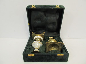 lot 247 image: Vintage Brass & Inlaid Mother of Pearl Candlesticks wCase