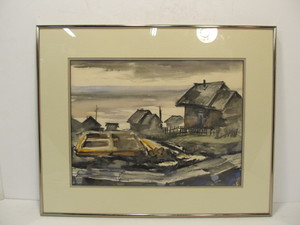 lot 259 image: Nice Signed Mid Century Watercolor Painting wHouses