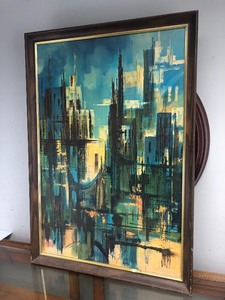 lot 333 image: Large Vintage Mid Century Framed City Scene Print - Nightfall by Montez
