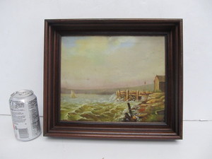 lot 338 image: Antique 19th Century Framed Signed Coastal Scene Painting on Tin
