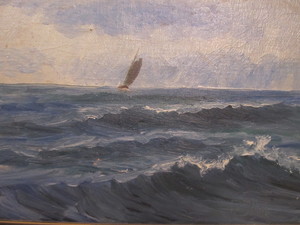 lot 341 image: Vintage Framed Signed Oil on Canvas Ship at Sea Painting