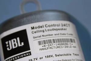 lot 38 image: JBL 24CT Micro  Compact Pro Audio Ceiling Speakers - Pair - with Ceiling Brackets