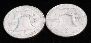 lot 28 image: 2 AU-UNC FRANKLIN SILVER HALF DOLLARS 1961 1961-D