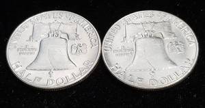 lot 54 image: 2 AU-UNC FRANKLIN SILVER HALF DOLLARS 1963 1963-D
