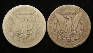 lot 22 image: 2 MORGAN SILVER DOLLARS 1889-O 1890-O