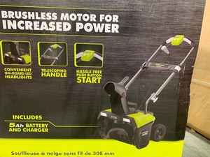 lot 117 image: RYOBI 20 in. 40-Volt Single-Stage Brushless Cordless Electric Snow Blower with 5.0 Ah Battery and Charger Included not used