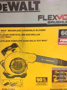 lot 26 image: DEWALT 60-Volt MAX Lithium-Ion Cordless FLEXVOLT 129 MPH 423 CFM Handheld Leaf Blower w (1) 3Ah Battery and Charger  in good condition