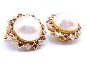 Ladies Natural Ruby and Diamond Mabe Pearl Estate Earrings in 14k Yellow Gold