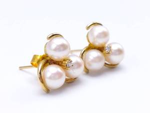 Pearl and Diamond Estate Earrings in 14k Yellow Gold