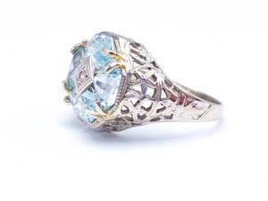 Antique Aqua and Diamond Filigree Ladies Ring in 14k White Gold