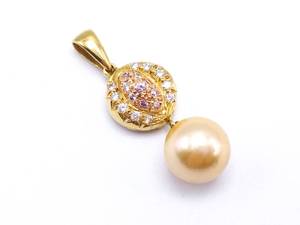 Rare Elan Signed Golden South Sea Pearl with Natural Pink and White Diamonds in 18k Yellow Gold