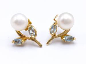 Lovely Pearl and Aqua Estate Earrings in 14k Yellow Gold