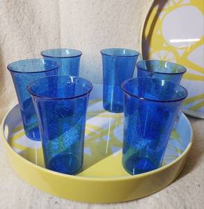 Retro looking seving trays and a cobalt blue bubble glass set of 6
