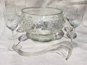 Fruit embossed Punch bowl and 5 piece crystal stemware set