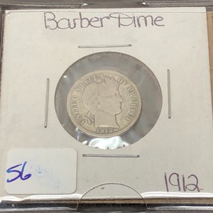 lot 56 image: 1912 Barber Silver Dime ...