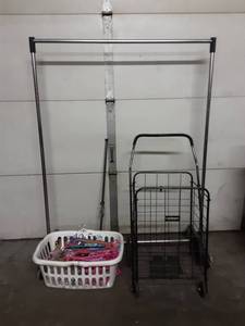 lot 8 image: Garment Rack 48x64, Folding Shopping Cart, Hamper Of Hangers