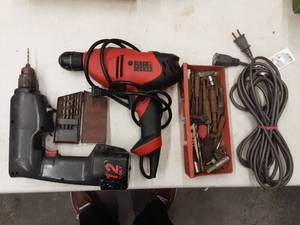 lot 25 image: Cordless Drill, Electric Drill, Extension Cord, Bits & More.