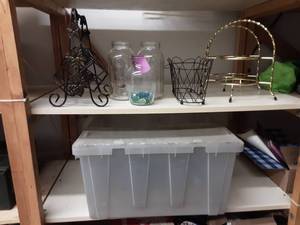 lot 42 image: Tote Bin With Wine Racks, Plate Racks, Jars & More