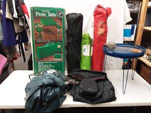 lot 44 image: Folding Picnic Table, 3-Camp Chairs, Air Mattress With Built In Pump, Table, Cooler Bags