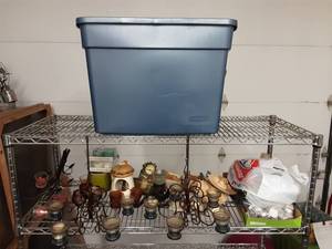 lot 45 image: Tote With 2-Candle Chandeliers, Candles, Decor