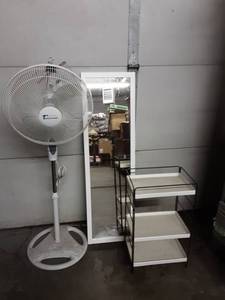 lot 64 image: Floor Fan with Remote Control, Full Length Mirror, Shelf