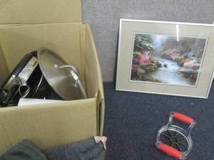 lot 219 image: Pots, Pan Lids, Ladle, Framed Art, ...