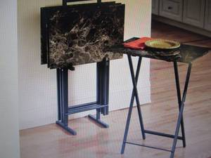 lot 55 image: Faux-Marble Tray Table Set open box...